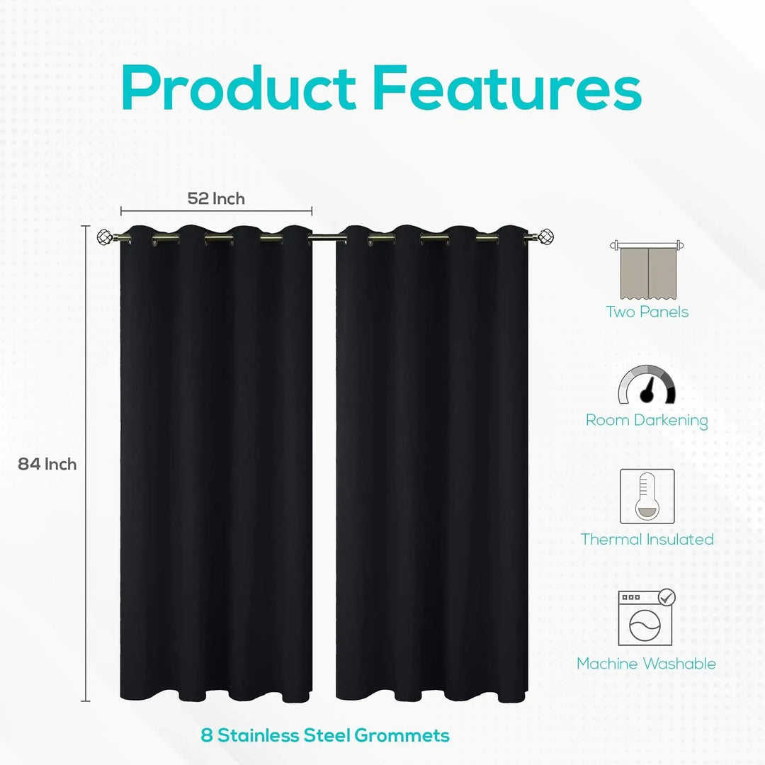 Blackout Curtains for Bedroom Pack of 2 Window Hanging Panels 52 x 84 inch Black - Dodas Corner